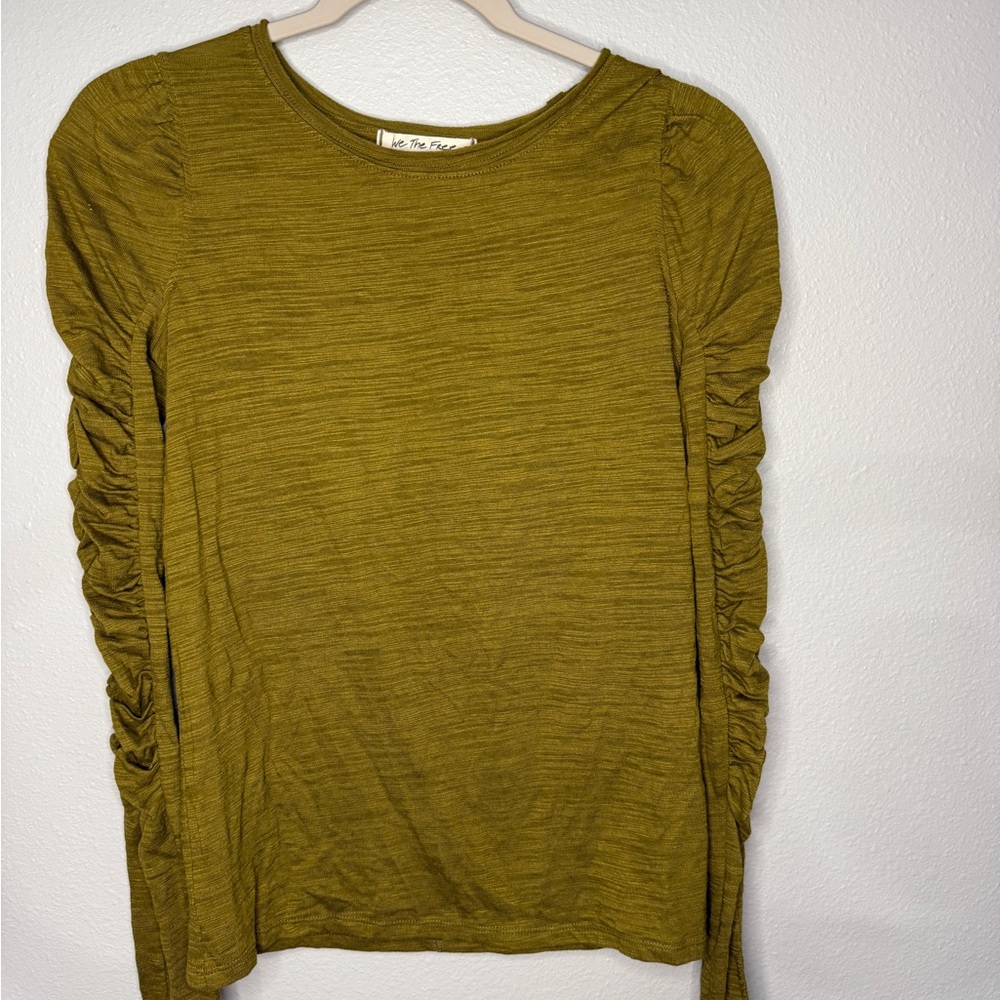 We The Free Olive Ruched Sleeve Top